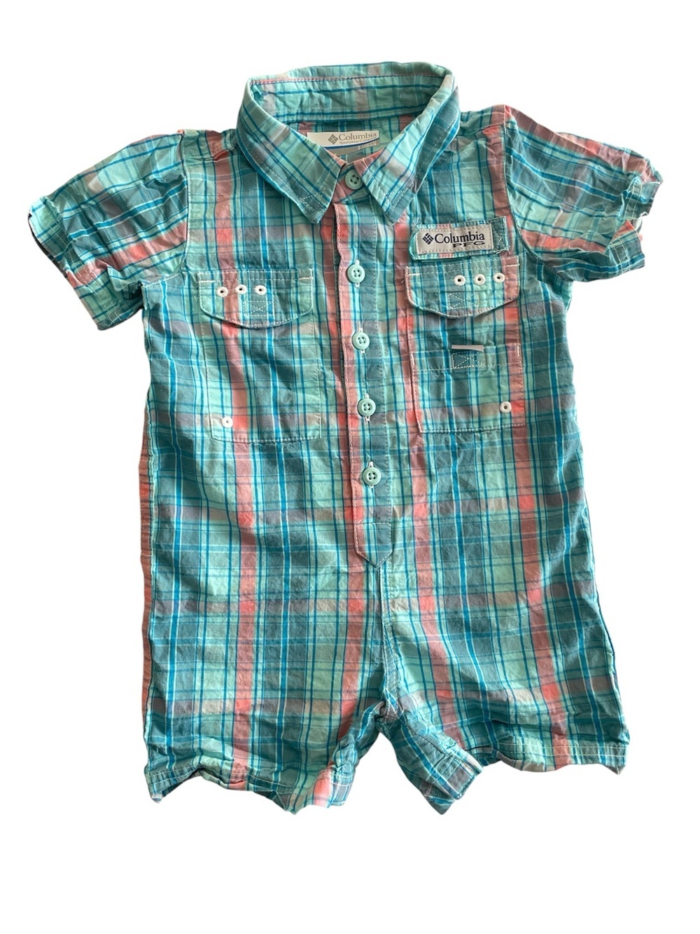 Columbia toddler plaid short-sleeve romper - teal & coral